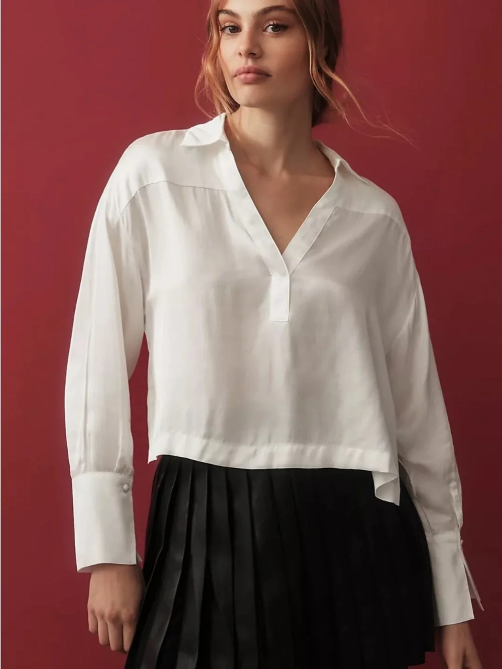 Anthropologie Maeve Silky Satin Collared Popover Blouse - Picture 3 of 8
